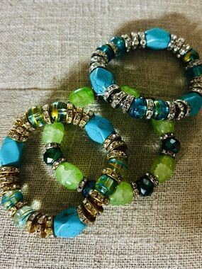 Turquoise & Lime Stretch Beaded Bracelet Set - Women Jewelry